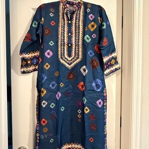 Teal Kurta with Colorful Bandhani-Style Print & Embroidered Neckline-Never worn